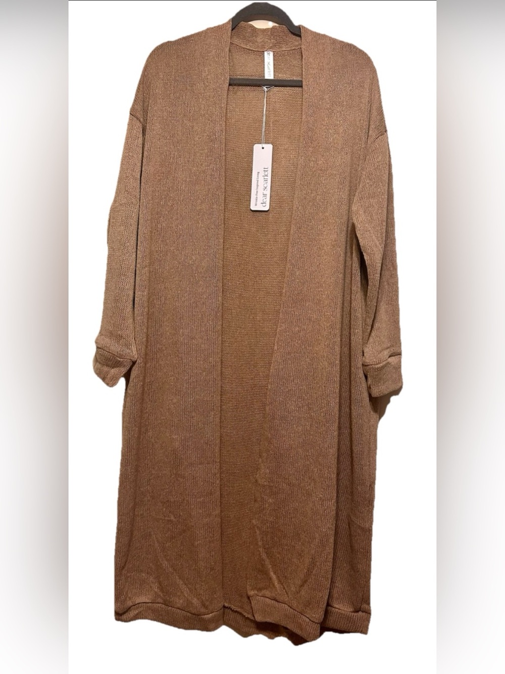 Dear Scarlett Long Open-Front Knit Dress Cardigan in Tan